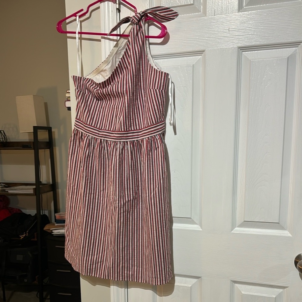 LOFT Red and White Asymmetrical One Shoulder Sundress